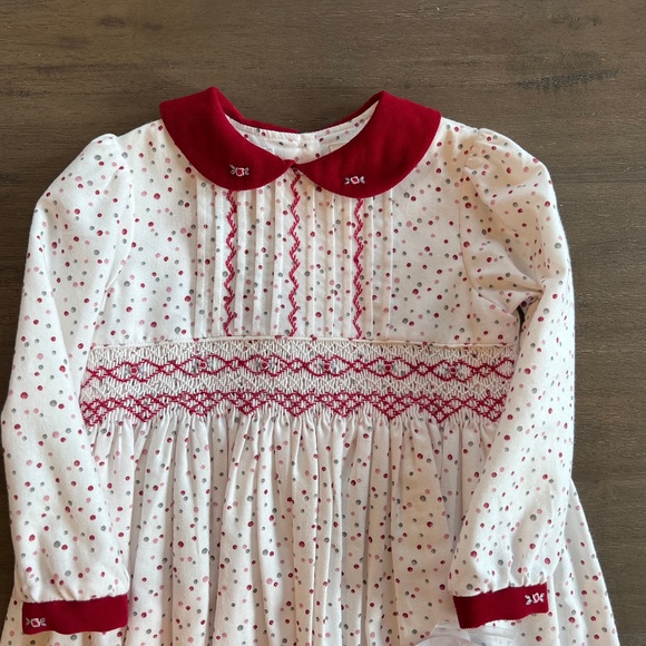 New Girls Sarah Louise Velvet Christmas Holiday Red Smocked Long Sleeve Dress - Picture 2 of 6